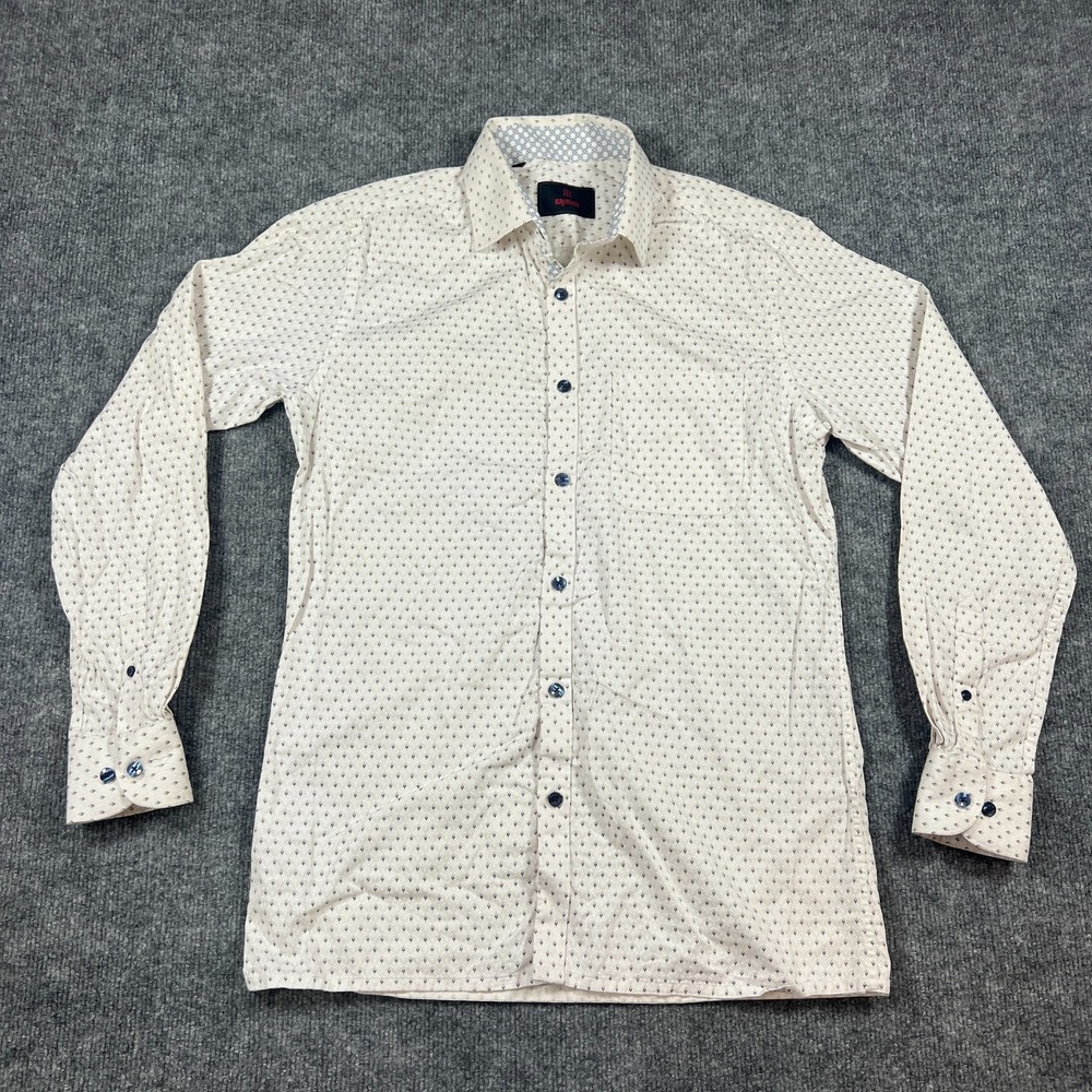 Raymond Dress Shirt Mens 39 Beige Blue Leaf Print Cotton Slim Fit Button Up